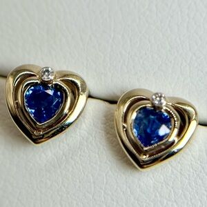 NWOT 9K Yellow Gold Heart 0.315ct Sapphire with 0.01ct Diamond Earrings,Stud
